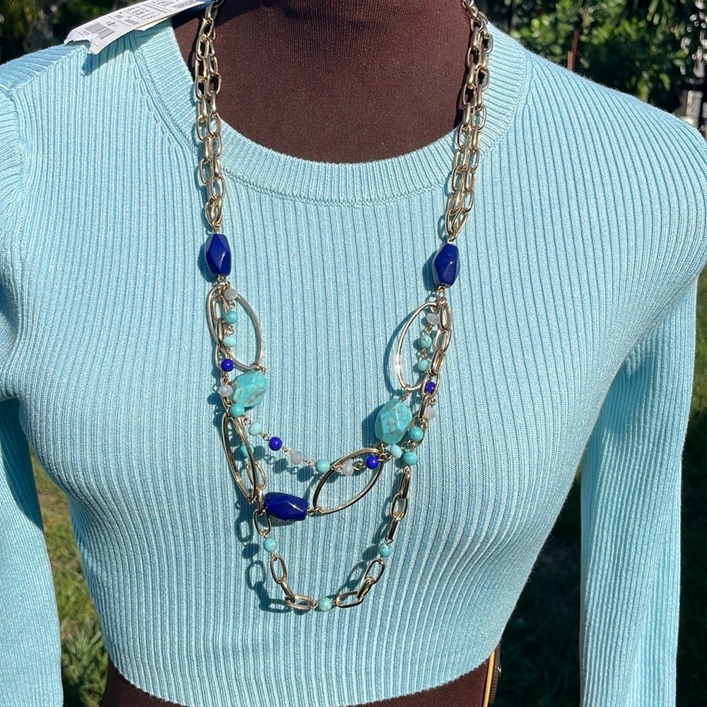 Gold Link Multi Strand Necklace,30”  Blue Beads,Modern,colorful,Statement